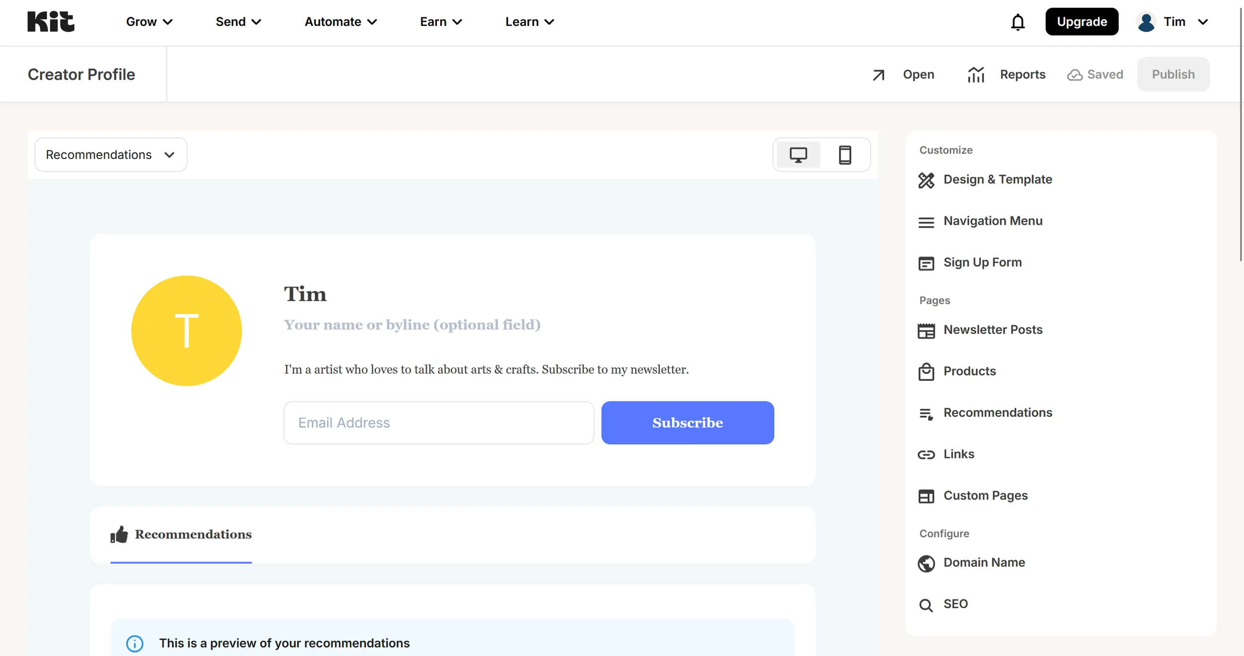 Kit Profile editor with subscribe box, recommendations section and the sidebar for design, newsletter posts, products and links