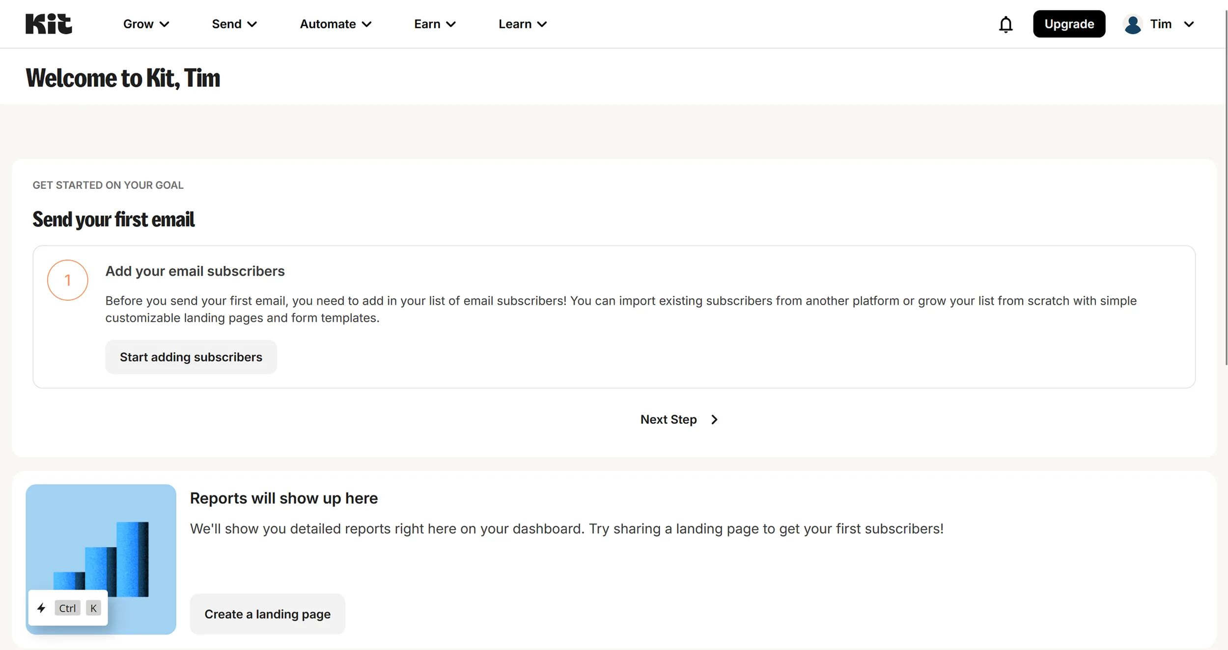 Kit dashboard of a fresh free account with the onboarding step Send your first email