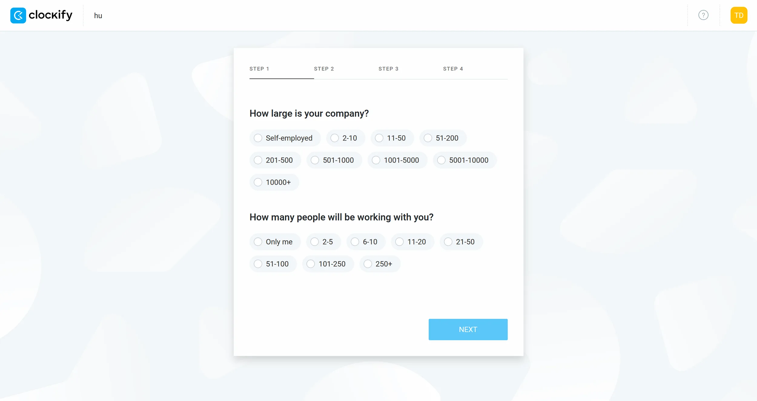 Quick and straightforward account setup for time tracking and invoicing — solo or with a team. (Own screenshot from Clockify) Quick and straightforward account setup for time tracking and invoicing — solo or with a team. (Own screenshot from Clockify)